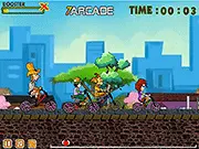 A thrilling screenshot from the Bicycle Rivals game showing a cyclist speeding ahead of competitors toward the finish line on a race track.