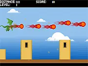 Raging Dragon free online game screen showing a huge red dragon flying over a village, breathing fire and causing massive destruction.