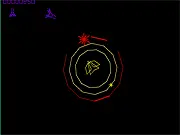 Star Destroyer Retro game screenshot showing a pixel-art spaceship shooting at an enemy base protected by multiple defense barriers. Play free arcade shooter on PlayArcadeHub.