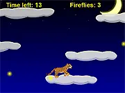 Screenshot of the Fireflies Chaser game, showing a character surrounded by glowing yellow fireflies in a dark, atmospheric setting, a free online game