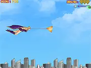 Victory Girl online game icon showing a female superhero flying over a city skyline with her laser eyes activated.