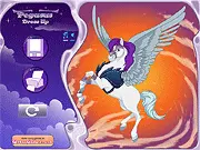 A close-up of a beautifully styled pegasus horse, featuring iridescent wings, a long, flowing pink and purple mane, and a gold bridle, showcasing the customization options of the Pegasus Dress Up game.
