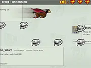 Gameplay screen of Super Llama versus the Troll Invasion, showing the super llama character shooting projectiles at flying troll enemies in a side-scrolling shoot 'em up game.