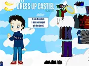 The angel Castiel from Supernatural wearing his iconic khaki trench coat and suit in the Dress Up Castiel online game