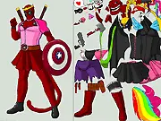 Dress-up game featuring the Marvel anti-hero, Deadpool, showing customization options for his suit, mask, and weapons.