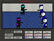 Pwnage RPG gameplay screenshot showing a top-down view of police officers (squad members) in tactical gear engaging in a turn-based battle against bank robbers inside a bank lobby.