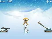 Snowball Duel game screen showing two tank cannons firing snowballs with trajectory lines. Play free online physics artillery game.