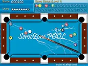 ServeZone Pool free online game screenshot - billiard table with cue ball and colored balls ready for a shot