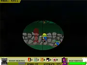 The Sniper Defense online game screen showing a first-person view of a sniper rifle aiming at enemy soldiers attacking a military base