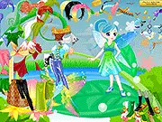 Screenshot of the Fairy Wings Dress Up game showing a fairy character with large, sparkly, customizable wings and a selection of fantasy gowns.