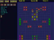 Grid Tower Defence game screenshot showing a strategic grid map with various specialized defense towers shooting at incoming colored enemies