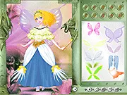 Screenshot of the Fairy Narcissus dress-up game showing a beautiful fairy character with flowing hair, large wings, and an outfit made of flower petals.