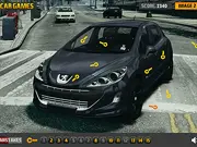 A close-up screenshot from the free hidden object game Peugeot Hidden Car Keys, showing a detailed image of a Peugeot car interior with a tiny car key subtly concealed in the dashboard area.