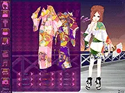 Yukata Matsuri V2 Dressup gameplay screen showing a character wearing a colorful yukata and traditional Japanese hair ornaments.