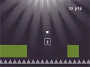 OneShot2 free online game screenshot showing a small character preparing to jump over a large gap between two platforms.