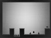 Hyper Pixel Man 1-Bit platformer game screen showing the main character mid-air, jumping over a bed of spikes and a spinning saw blade in a high-contrast black and white environment. Play free online game.