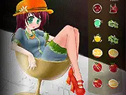 Fruitie Cutie Dressup free game screenshot, showing a girl with a fruit-themed outfit and accessories inside a large glass of punch