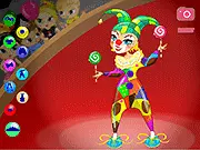 Free online fashion game screenshot of Rainbow Clown Dressup, showing a girl character with colorful circus clothes