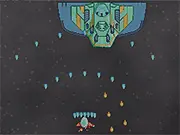 Space Rift Flash game screenshot showing a small player spaceship navigating a screen filled with many alien projectiles and enemies in a classic top-down shmup style.