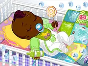Aliyah's New Crib game screenshot showing a colorful and well-decorated baby nursery with a crib, rocking horse, and various toys and wall decorations.