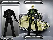 GI Joe Dressup game screen showing a fully customized military character wearing a helmet and tactical gear against a jungle background.