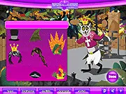 King Julien Dressup online free game showing the lemur king wearing an eccentric crown, funny sunglasses, and a flowing cape.