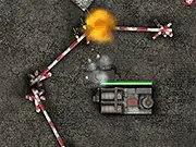 Gameplay screenshot of Oil Tanks Defense, showing a tank shooting enemies to protect oil barrels