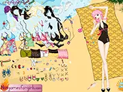 Beach Sun Baths Dressup game screen showing a girl named Lisa wearing a stylish bikini and sunglasses on a tropical beach, ready for sunbathing.