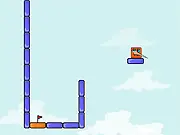 A simple pixel art box character making a perfect arc jump across a gap toward a red flag in the online puzzle game Jumping Box Remake