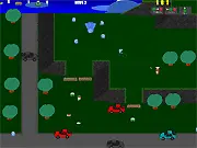 Robotic Uprising free online strategy game screenshot showing soldiers, turrets, and barricades fighting robots on PlayArcadeHub