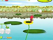 Screenshot of the Jumping Frogs game showing a green frog character mid-jump between platforms