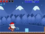 Santa 5 Lives free online platform game showing Santa shooting at a Christmas Zombie while jumping over a bottomless hole in the North Pole