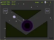 Circle Master 2 Gravitation game screenshot showing a player orb moving past obstacles, guided by a drawn black hole, a free online puzzle game