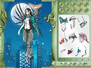 The Dark Night Angel Dressup game interface showing the powerful fantasy character ready to be styled with armor and dark wings.