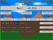 Screenshot of the Run a Profit idle clicker game interface showing menus for buying power bars, runners, and sponsors.