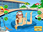 Swimmer Girl Dress Up game featuring the character Chris wearing a chic swimsuit and accessories by a swimming pool, play free online fashion game