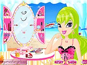 Screenshot of Beach Fashion Dressup game showing a stylish girl model ready to be dressed in a bright bikini and summer clothes against a sunny beach background.