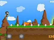 Free online gameplay screenshot of Stone Age Trouble, showing a character running from a volcanic eruption and collecting dinosaur eggs