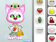 Screenshot of Pink Kitten Dressup free online game, showing an adorable pink kitten wearing a fashionable dress and holding a stylish handbag.