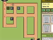 Goulds Tower Defense free online game screenshot, showing a top-down view of towers defending against enemy units on one of the 7 strategic maps.