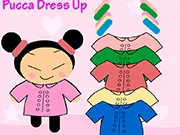 Pucca Dressup online game icon showing the cheerful cartoon character Pucca smiling while surrounded by her beautiful clothing options and accessories.