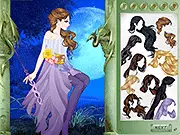 Screenshot of Moon Fairy Dressup game showing a beautiful fairy character model with glowing wings, standing in front of a mystical, starlit background.