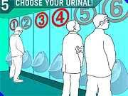 Screenshot of the online game Toilet Tactics showing a bank of urinals with stick-figure men standing at two of them.