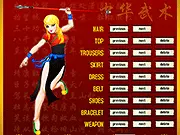 Screenshot of the ChunLi Kungfu Dressup game showing the character model wearing a stylized martial arts outfit with many accessories displayed for selection.