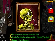 Screenshot of Horror Paintings Parodies 2 game showing a humorous, spooky parody of a famous painting and a crystal ball tool, play free online puzzle