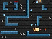 Mr. Mine free online game screenshot, player character planting dynamite to blow up evil monsters in a dark mine tunnel