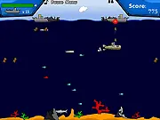 Submarine Fighter game screen showing a military submarine submerged underwater firing a torpedo at an enemy warship or hostile naval craft