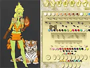 The main screen of the RPG Heroine Creator game, showing a fully customized fantasy lady character wearing intricate armor, holding a weapon, and surrounded by magical effects