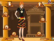 A young girl character named Elsie wearing a stylish, customized dress, posing with various fashion accessories in the online dress-up game