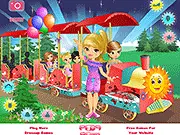 An animated girl character dressed in a colorful outfit standing beside a highly customized, magical miniature train and track in the online game Magic Kids Train